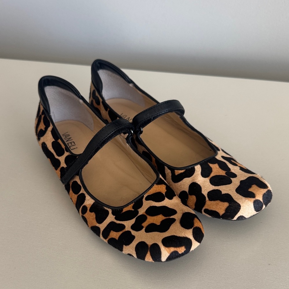 Vaneli Leopard Ponyhair Mary Jane Flats in Black and Tan